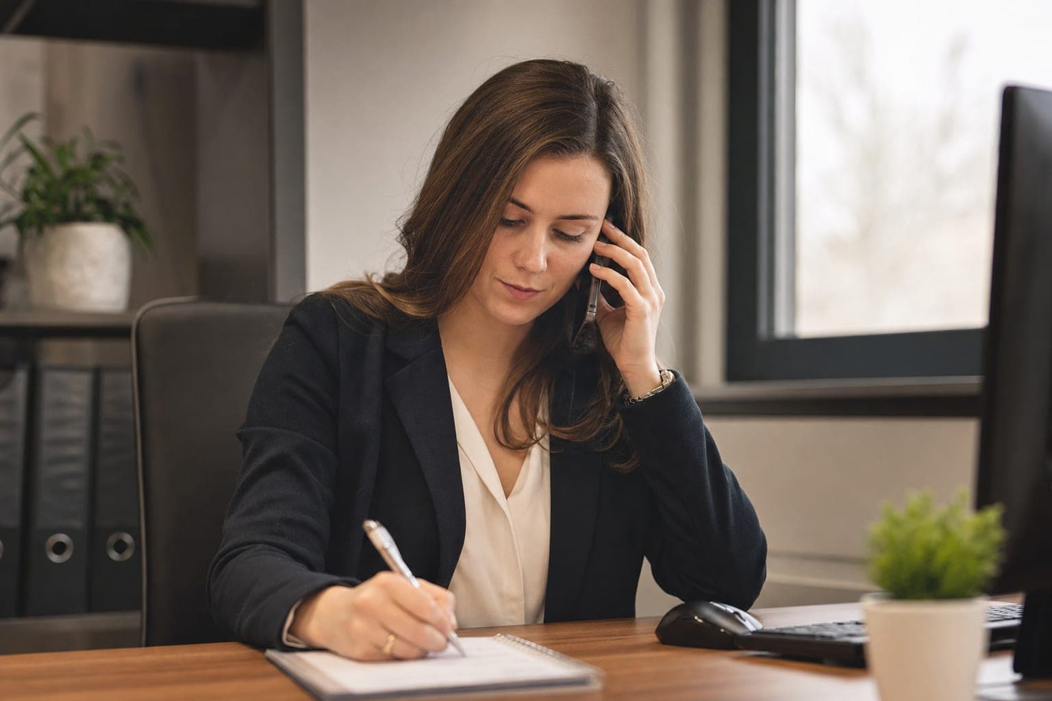 Recruiterin im Telefonat mit Notizblock am Schreibtisch